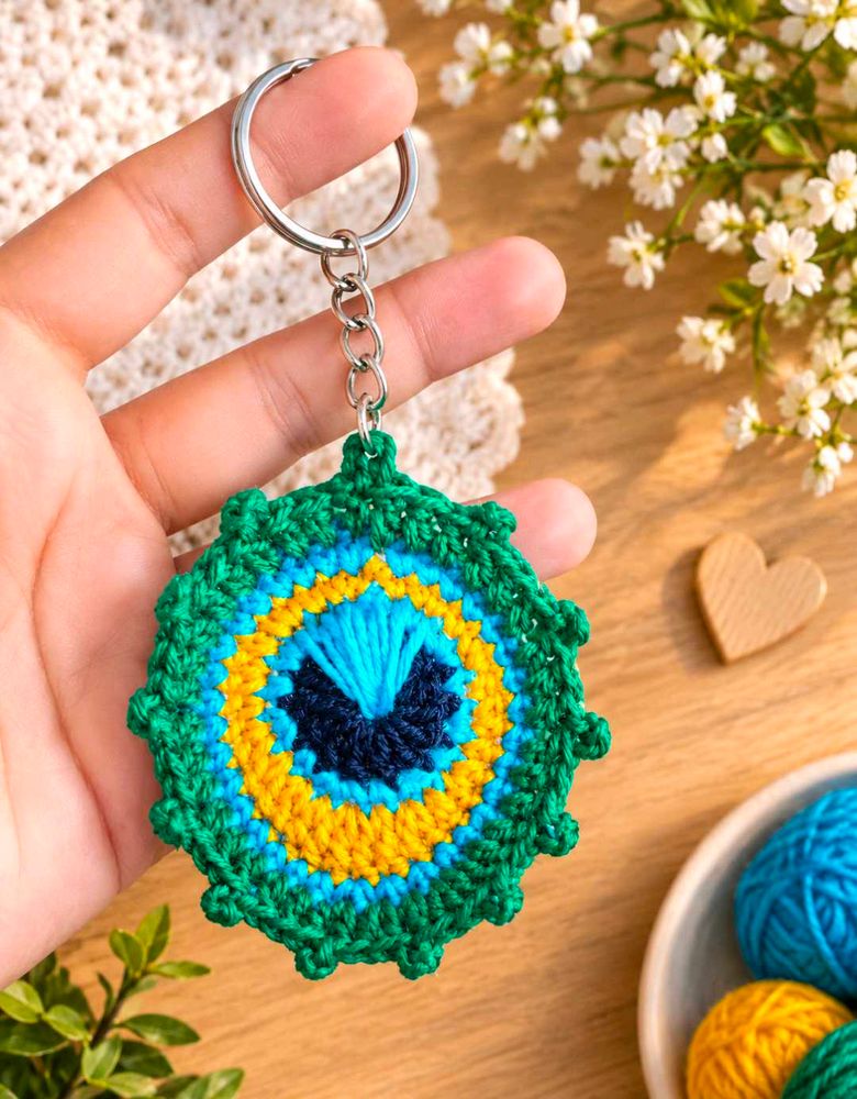 Handmade Crochet Peacock Feather Keychain