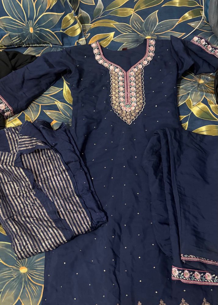 Navy Blue Embroidered Kurta Set