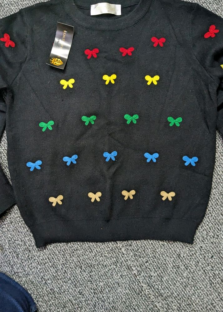 Black Embroided Woolen Top For Women