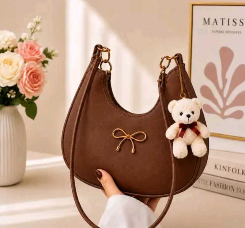 Cute Brown Shoulder Bag with Teddy Charm