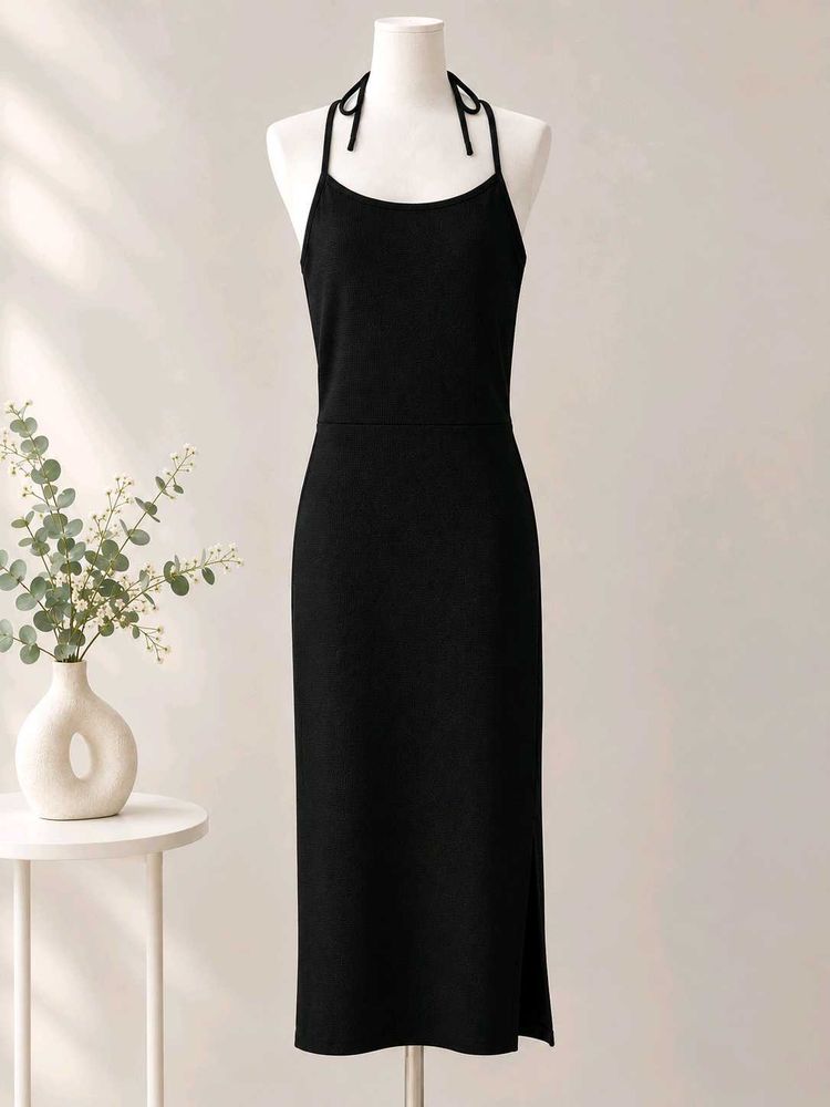 Backless Black Halter Neck Midi Dress