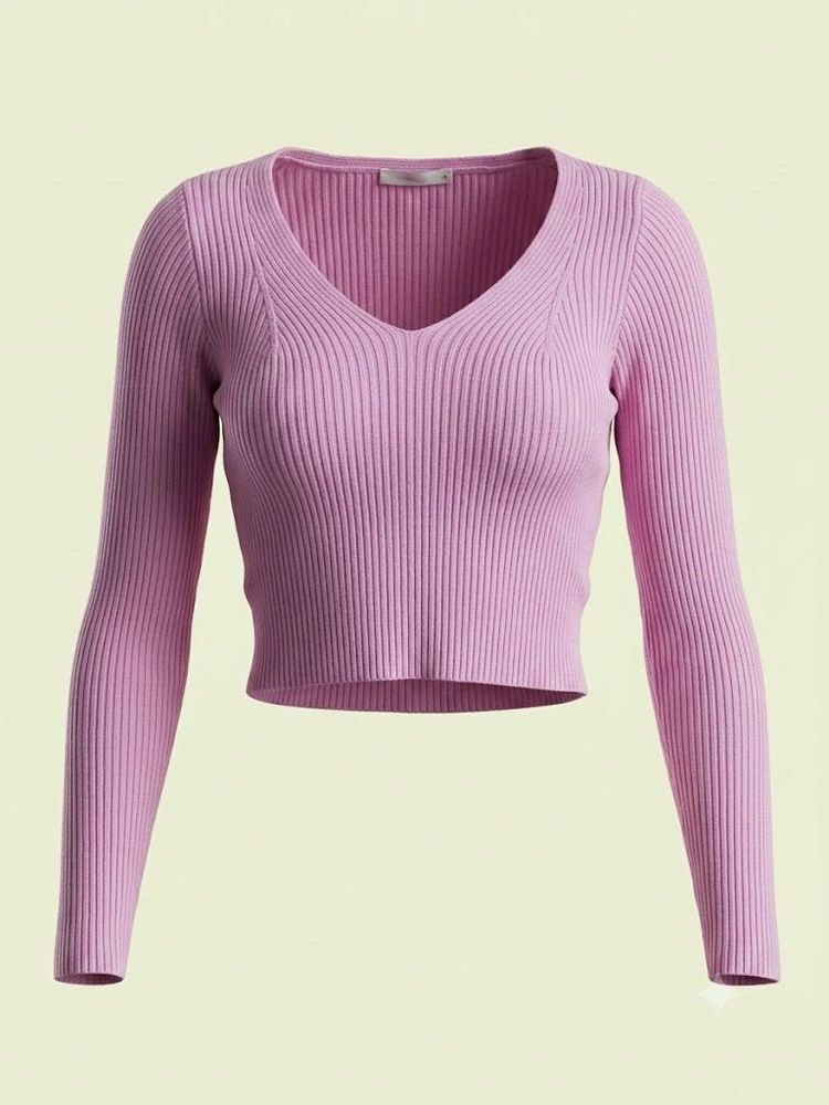 Lilac Ribbed V-Neck Crop Top