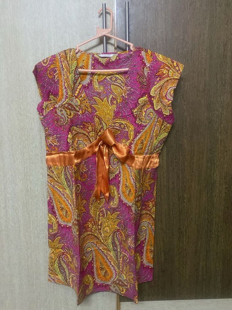 Magenta Paisley Kurti with Satin Bow