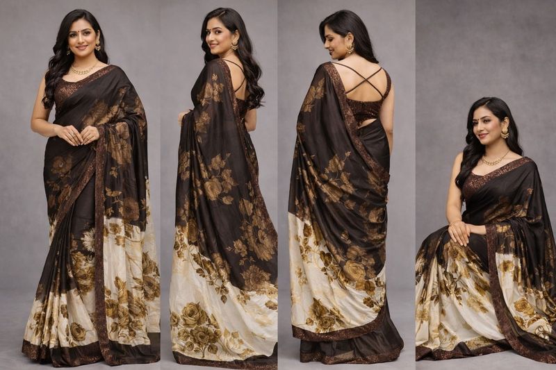 Elegant Brown Floral Saree Beautifully Printed