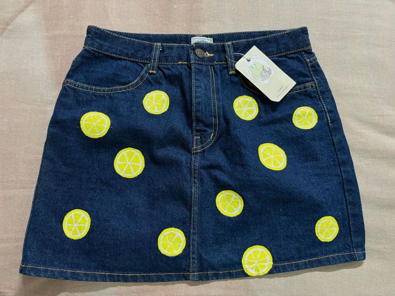 Cute Lemon Print Denim Skirt