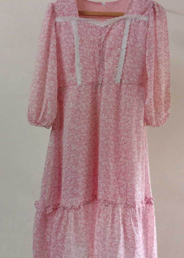 Floral Baby Pink Knee Length Frock 🌸