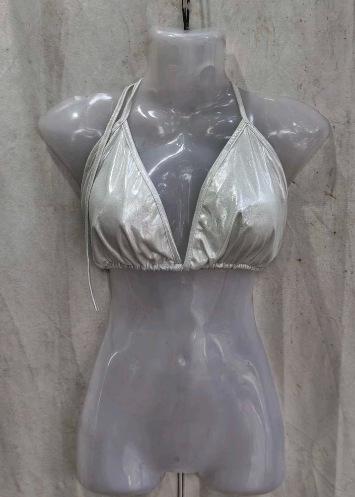 13258. Shiny Silver Halter Bikini Top