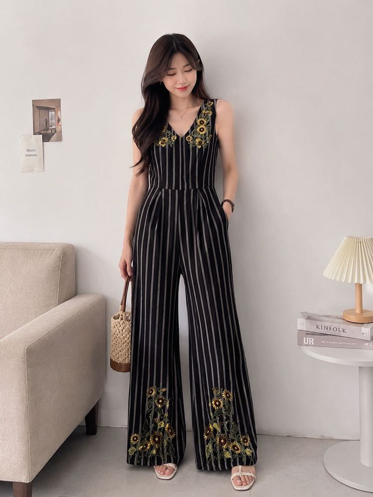 Striped Jumpsuit with Floral Embroidery