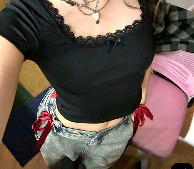 Pinterety Black Lace Trim Baby Tee 🖤🐰