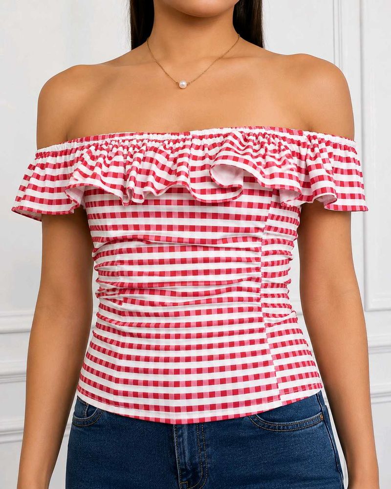 Red Gingham Off-Shoulder Ruffle Top