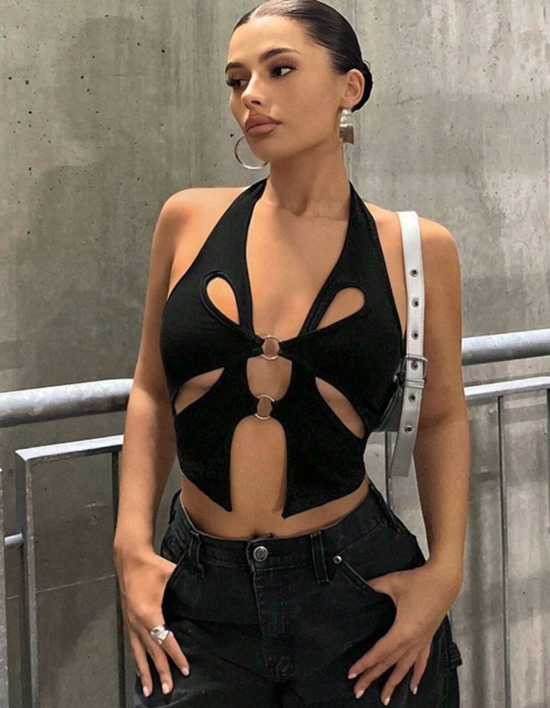 Black Cutout Halter Neck Crop Top