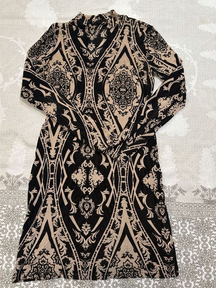 Elegant Patterned Mock Neck Dress
