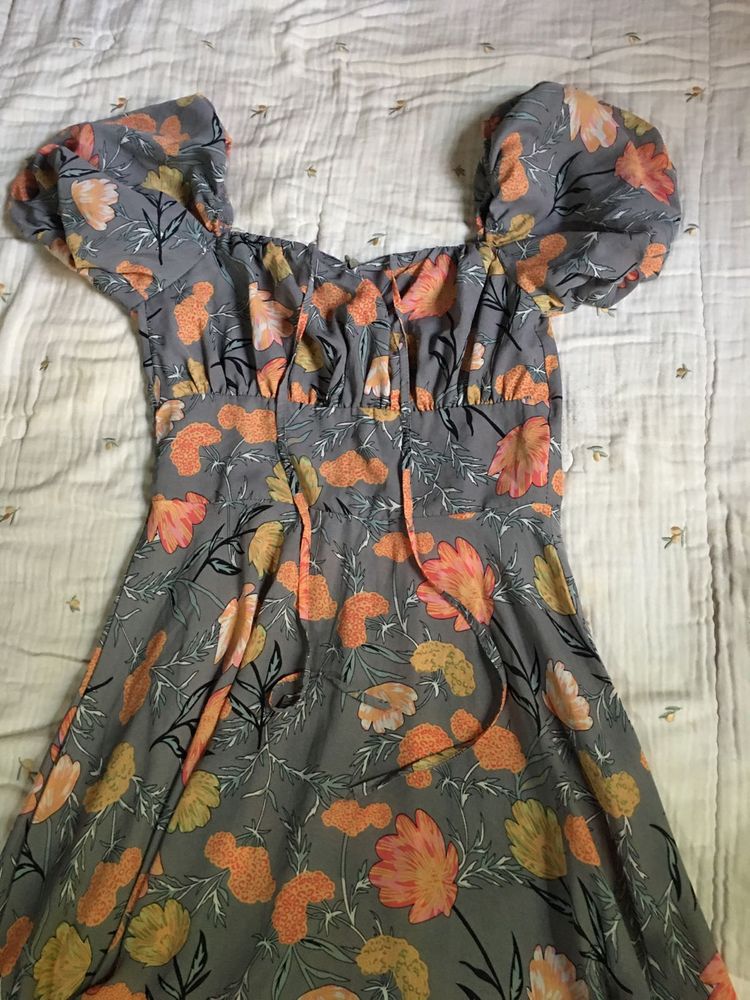 Cute Floral Print Puff Sleeve Dress
