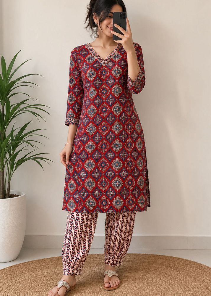 Maroon Geometric Print Kurta with Pants