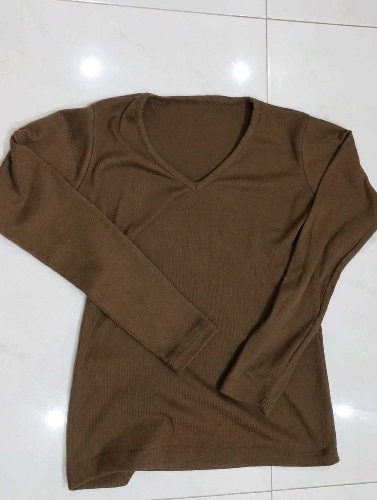 Brown V-Neck Long Sleeve Top