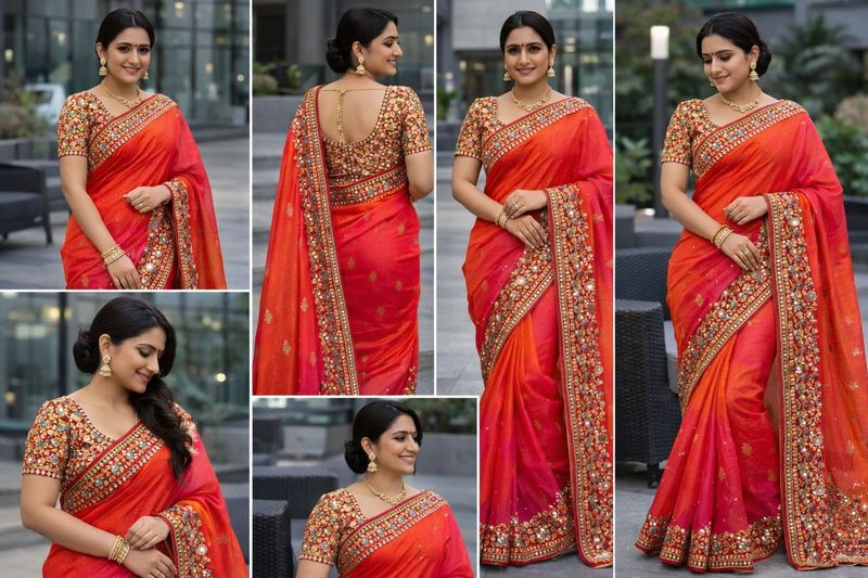 Elegant Red Pinkish Embroidered Saree