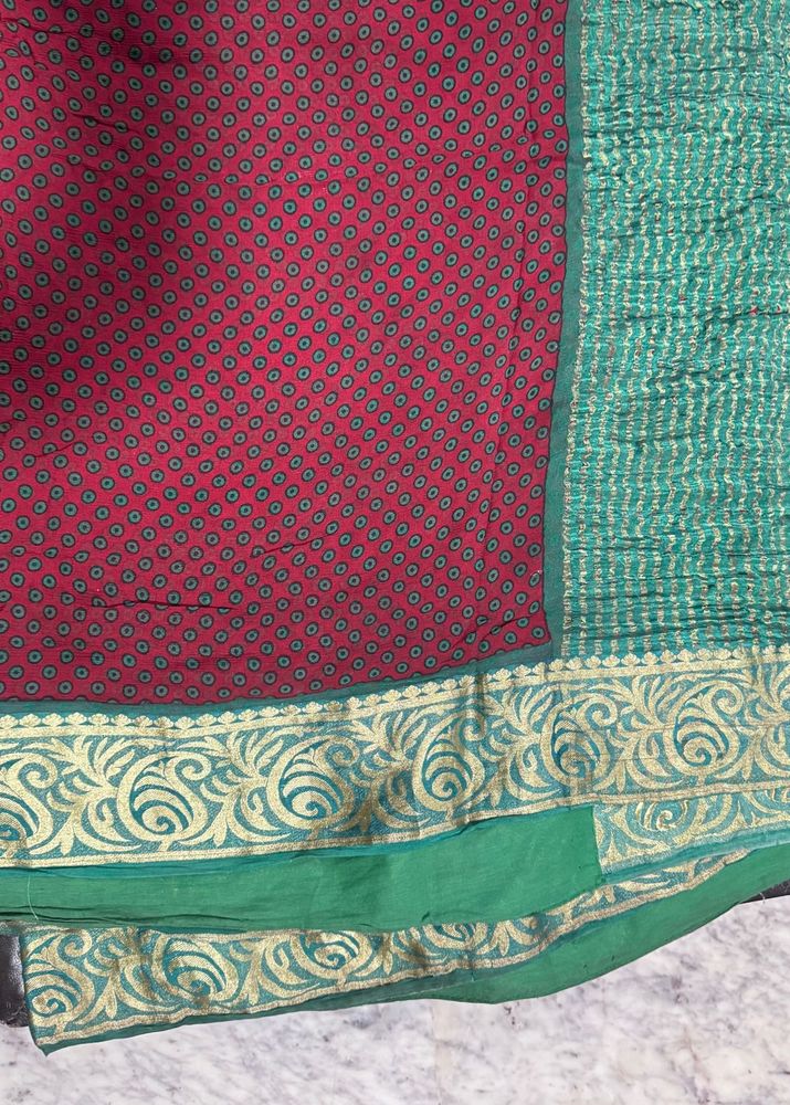 Vintage Indian Pure Chiffon Sari - Maroon &amp; Teal