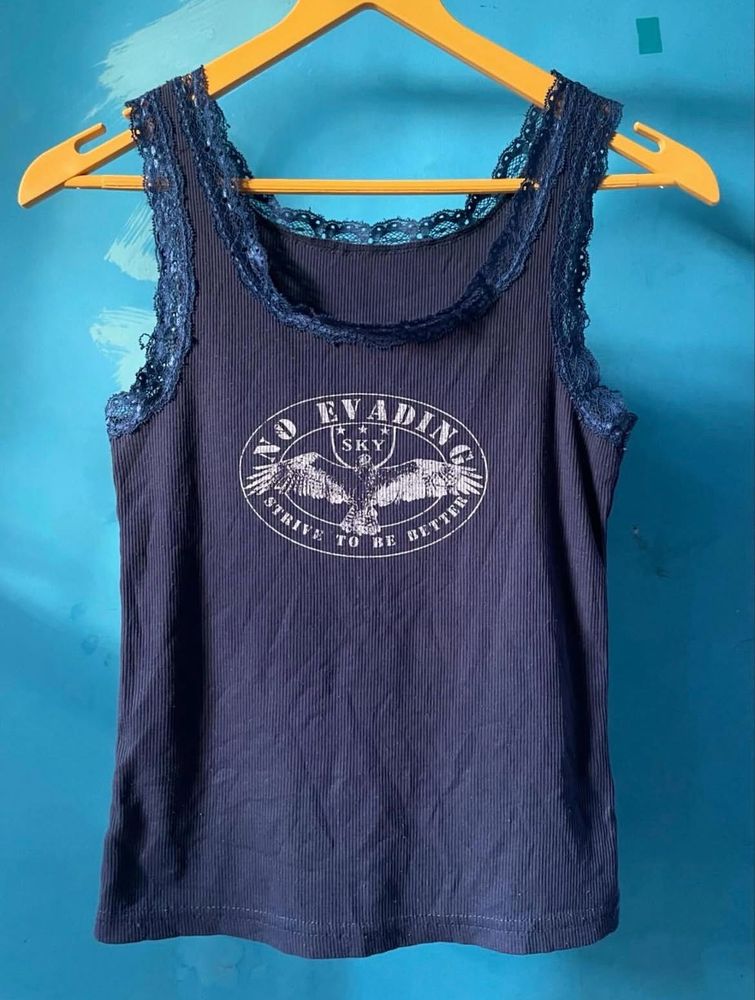 Navy Blue Lace Trim Tank Top