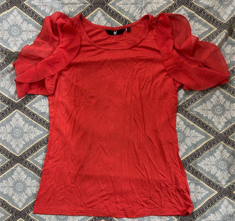 Chic Red Top with Sheer Sleeves