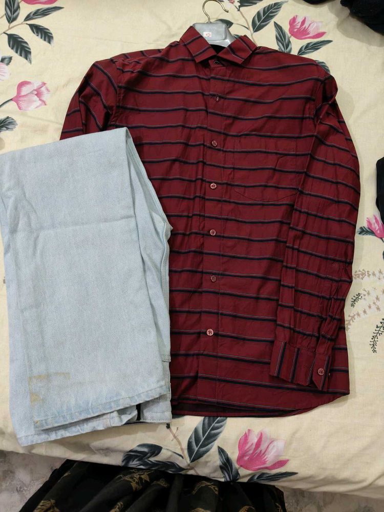 maroon shirt with ice blue denim jeans