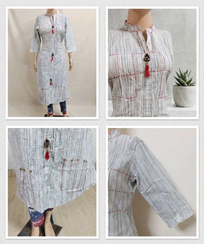 Striped Cotton Kurta with Red Embroidery