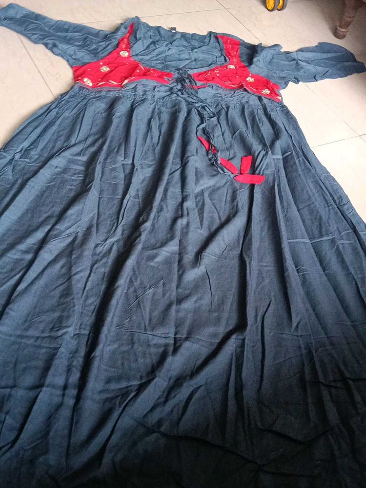 Beautiful Navy Blue &amp; Red Anarkali Kurta