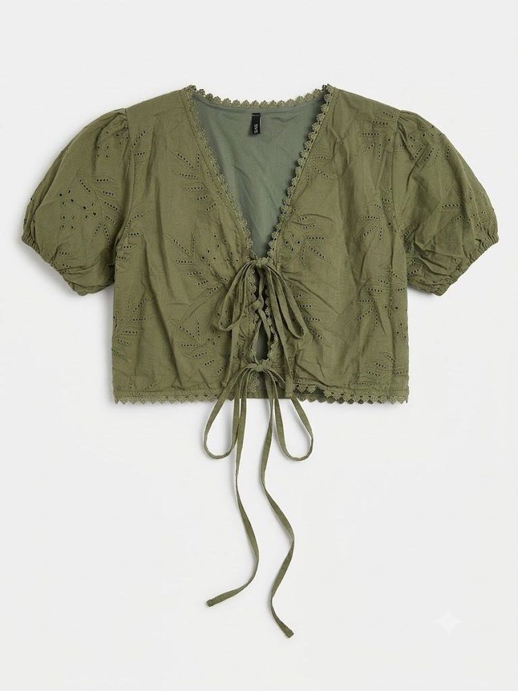 Olive Green Eyelet Lace-Up Crop Top