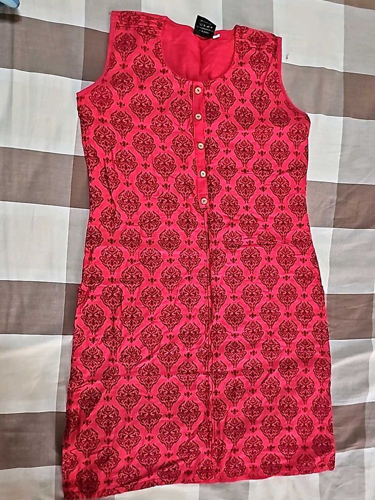 Block Printed Red Cotton Short Kurta