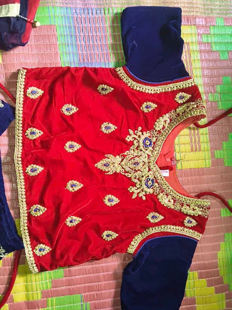 Red Velvet Blouse with Blue Sleeves