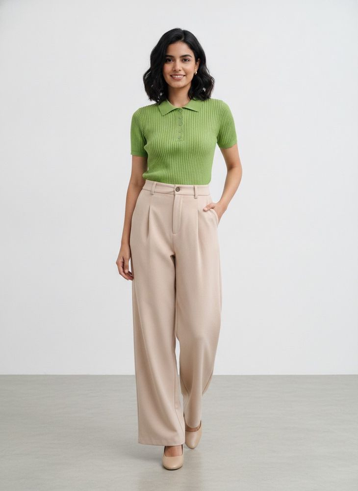 Beige Wide Leg Pants &amp; Green Ribbed Polo Top