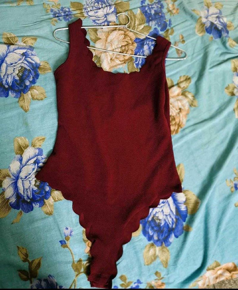 Scalloped Neckline Burgundy Bodysuit
