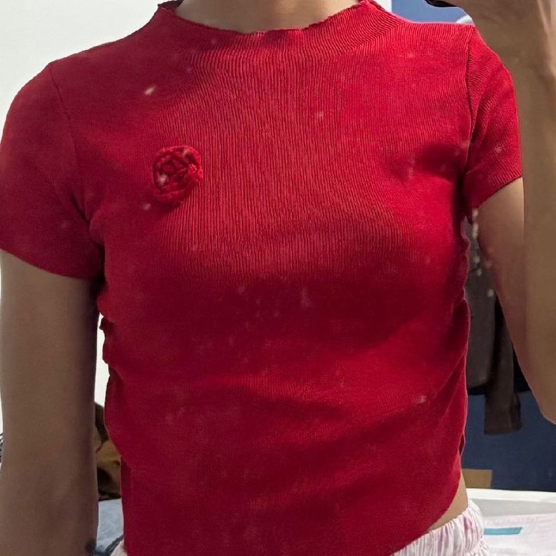 Red Cropped Top with Rose Detail