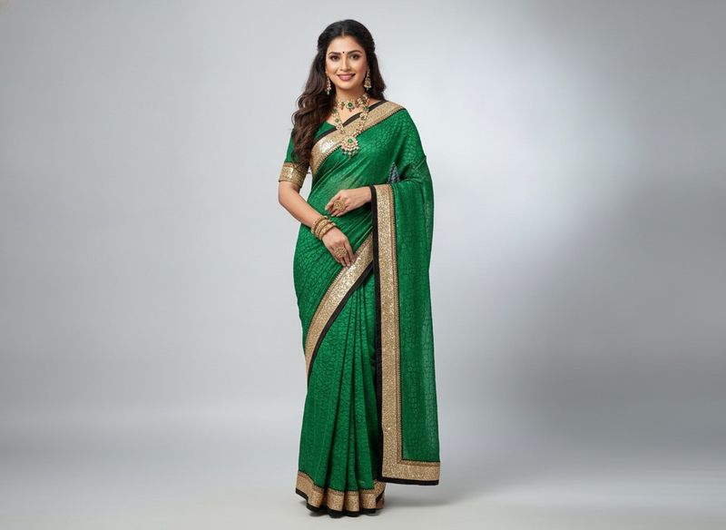 Emerald Green Saree with Gold Border
