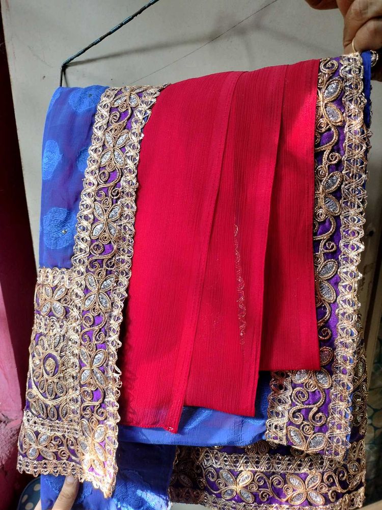 Blue Saree with Red Border double colour