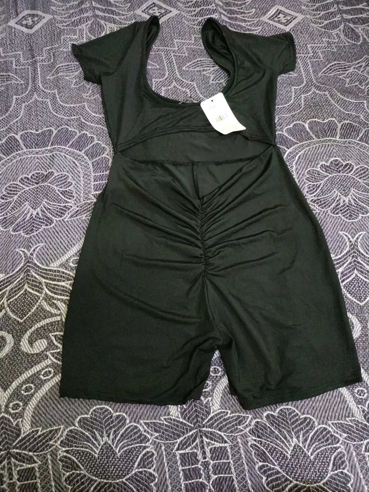 Chic Black Ruched Bodysuit Shorts