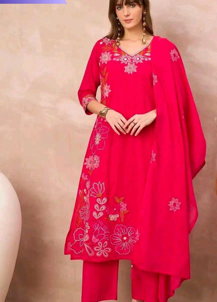 Vibrant Pink Floral Embroidered Kurta Set