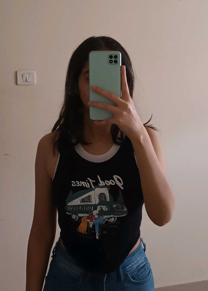 black "good times" graphic tank top