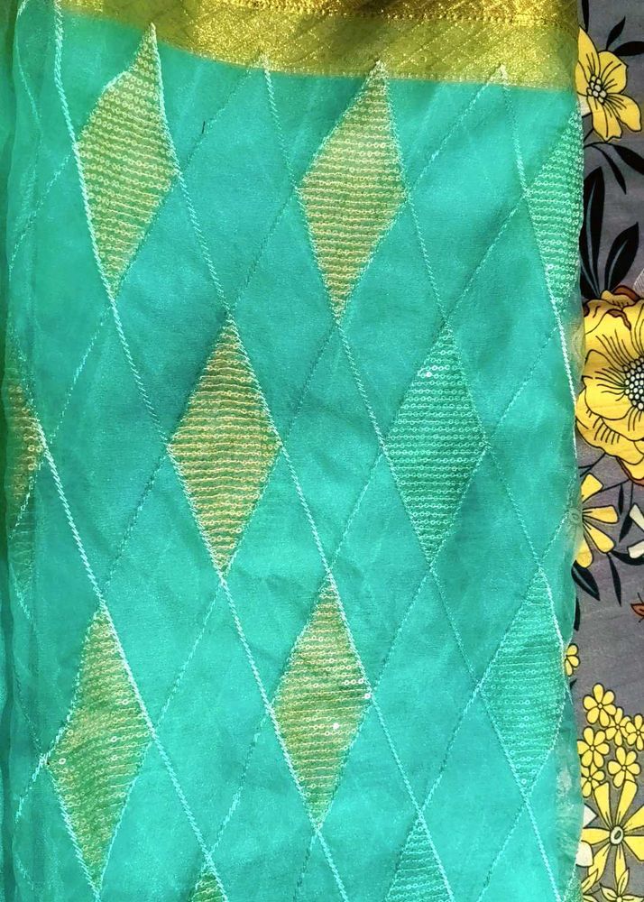 Elegant Teal Saree with white Diamond type Pattern