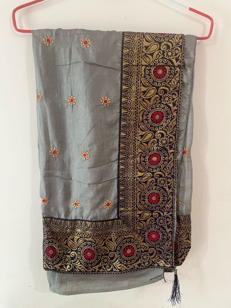 Elegant Grey Embroidered Saree