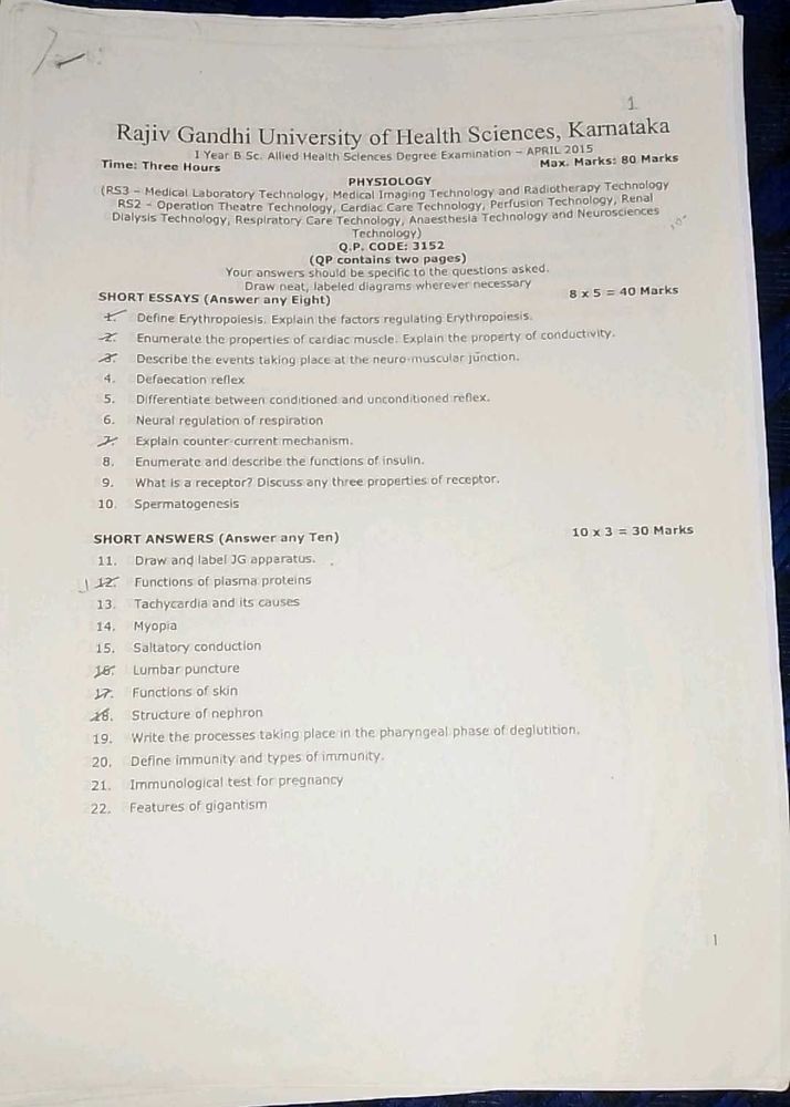 Physiology Exam Paper - RGUHS 2015