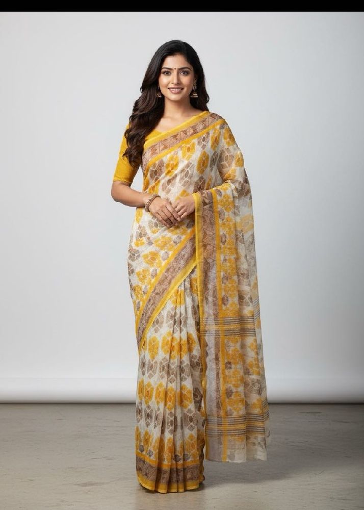 Elegant Yellow &amp; White Floral Print Saree