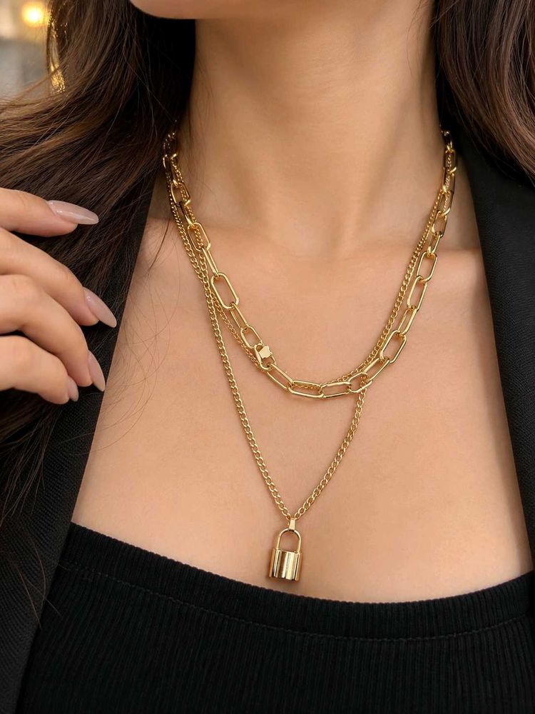 Layered Gold Lock Necklace