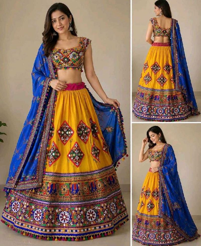 Vibrant orange &amp; Blue Embroidered Lehenga Choli