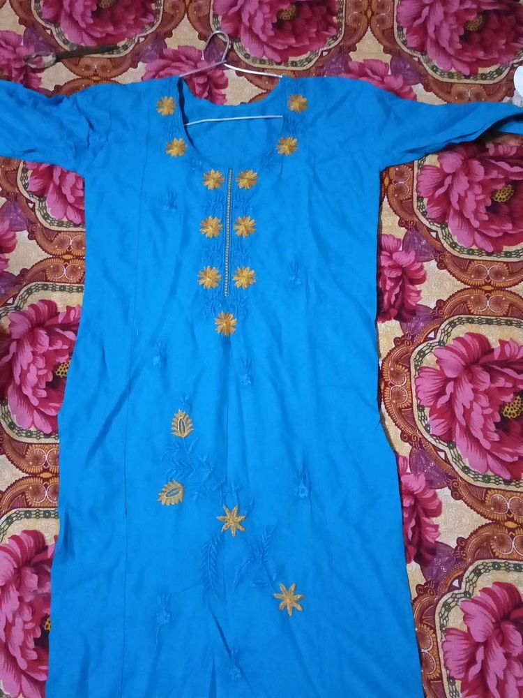 Blue Kurta with Yellow Embroidery