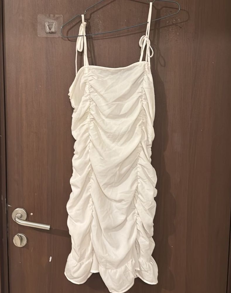 White ruched strap neck dress