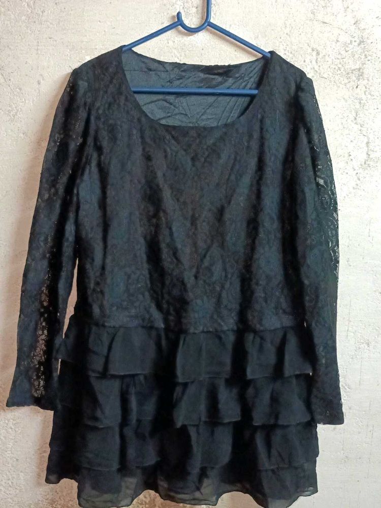 Trendy Partywear Lace Top Layered Blouson Black 🖤