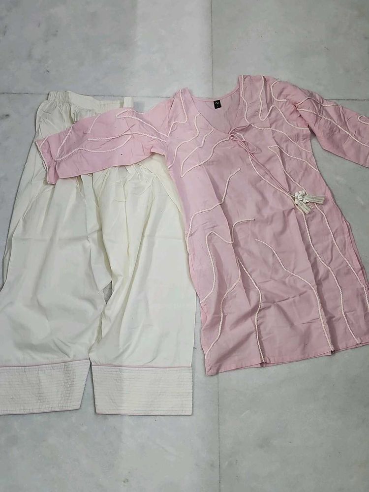 Pink Kurta with cream farshi salwar