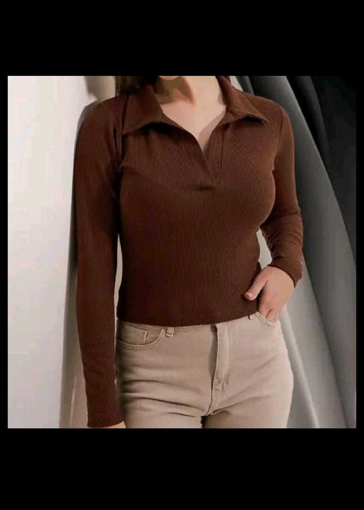 Classic Brown Long Sleeve Collared Top