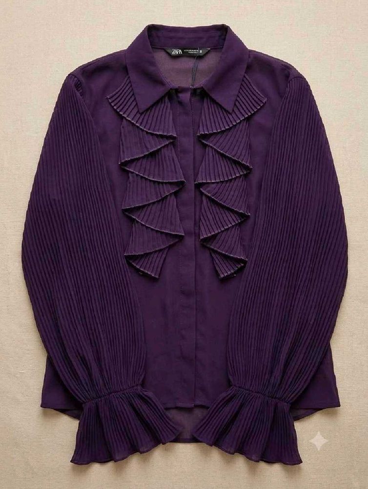 ZARA Deep Purple Pleated Ruffle Shirt