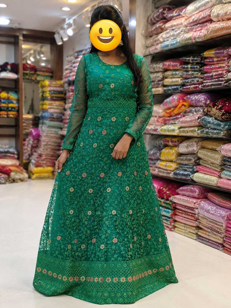 Emerald Green Embroidered Party Wear Gown